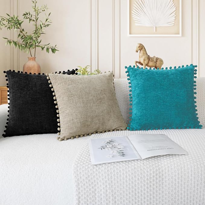 CaliTime Decorative Couch Throw Pillow Covers 22 X 22 Inches Lake Blue | Pack of 2, Cozy Chenille Cushion Cases, with Pom Poms for Sofa Bed Living Room Farmhouse Home