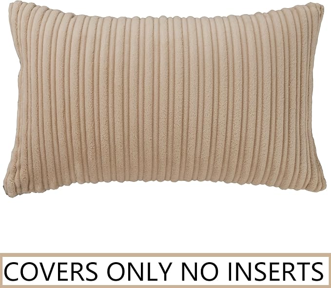 UGASA Velvet 12x20 Inch Lumbar Soft Throw Pillow Covers Decorative Corduroy Striped Both Sides Solid Rectangular Cushion Cases Boho Farmhouse for Couch Bedroom Sofa Home, Pack of 2, Beige