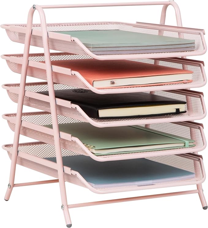 Mind Reader 5-Tier Paper Tray Organizer, Vertical Desktop File Storage Rack, Office, Metal Mesh, Pink (Pack of 6)