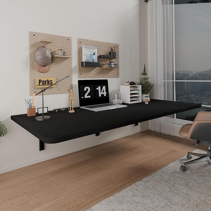 IAE 48x22in Floating Fold Desk,Wall-Mounted Folding Computer Table,Black | Study Table with Shelf Brackets,Foldable Down Shelf with Engineered Wood,Fold Computer Desk for Small Apartment,Holds 500 lb