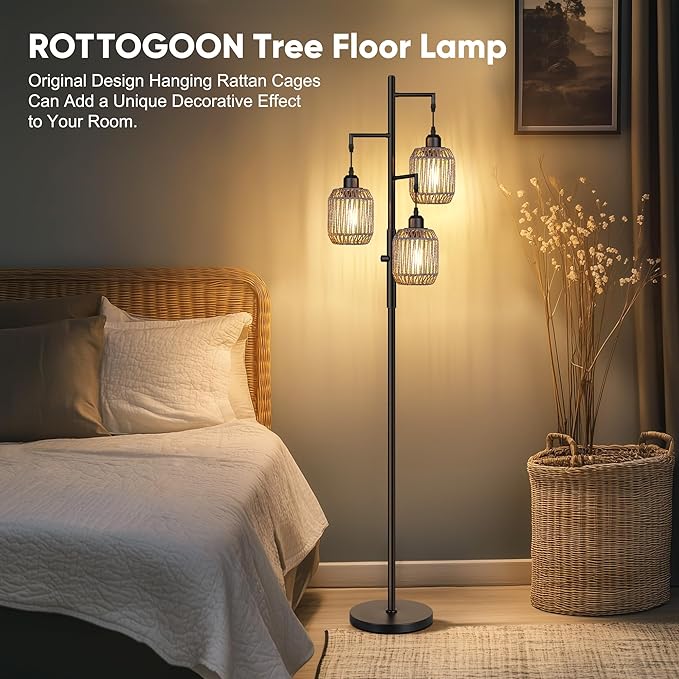 ROTTOGOON Dimmable Boho Floor Lamp - 3 Light Farmhouse Rattan Floor Lamp for Living Room, Industrial Tree Floor Lamps with 3 X 6W LED Bulbs, Rustic Standing Tall Lamp for Bedroom, 68", Black + Gray