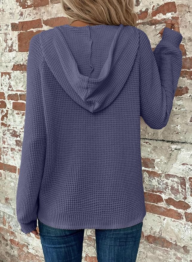 Dokotoo Hoodies for Women Waffle Knit Long Sleeve Drawstring Button V Neck Casual Sweatshirt Hooded Tops Fashion Clothing