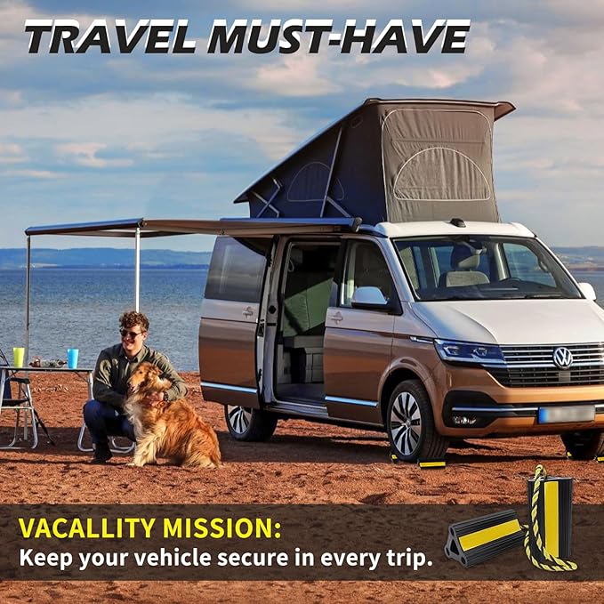 Wheel Chocks for RV Trailer Travel Camper Truck Car, Sturdy Heavy Duty Simple Easy to Use, Rubber Tires Block Stopper Chock with Rope and Yellow Reflective Tape Trailer RV Accessary(2set4pack)