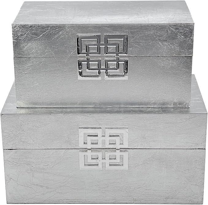 Galt International Storage Box Set Decorative Storage Box w/Hinged Lid Classic Design Wood Decor Boxes with Geometric Clasp Storage for Bedroom & Home - Set of 2 (Silver)