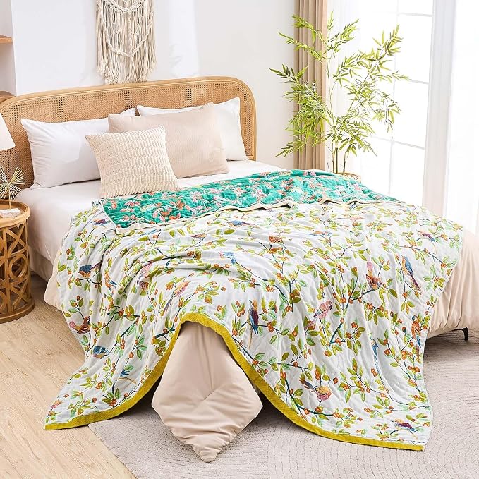 XIBLC Boho Throw Blanket for Bed, 100% Cotton Soft Rustic Quilt Fall Blanket, 90"x98" Floral Printed Farmhouse Decor Bed Blankets, All Season Rustic Reversible Bohemian Throw Quilt