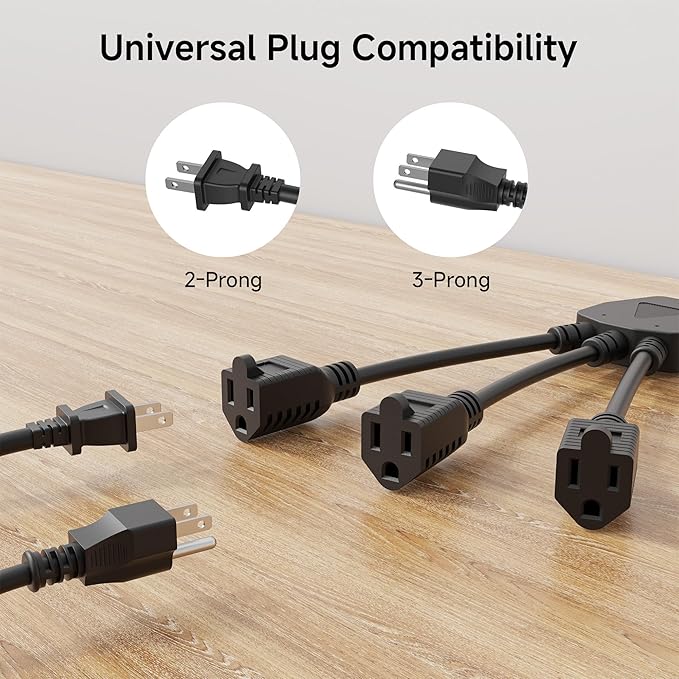 [ETL Listed] Cable Matters 2-Pack 3 Outlet Power Splitter Cord - 1.5ft, NEMA 5-15P to 3X NEMA 5-15R, 16 AWG Outlet Saver, 3 Way Extension Cord Splitter
