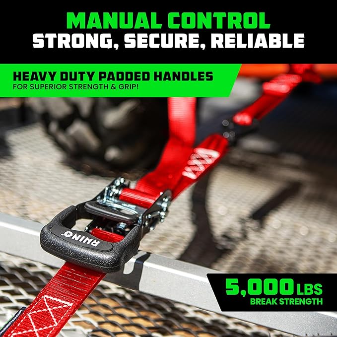 Rhino USA Ratchet Straps Heavy Duty Kit (4-Pack) - 1.6 Inch x 8 Feet Min Break Strength (5,000) - Ultimate Tie Down Straps with Safety S Hooks for Trucks, ATV, UTV, Motorcycle, Cargo & More - Red
