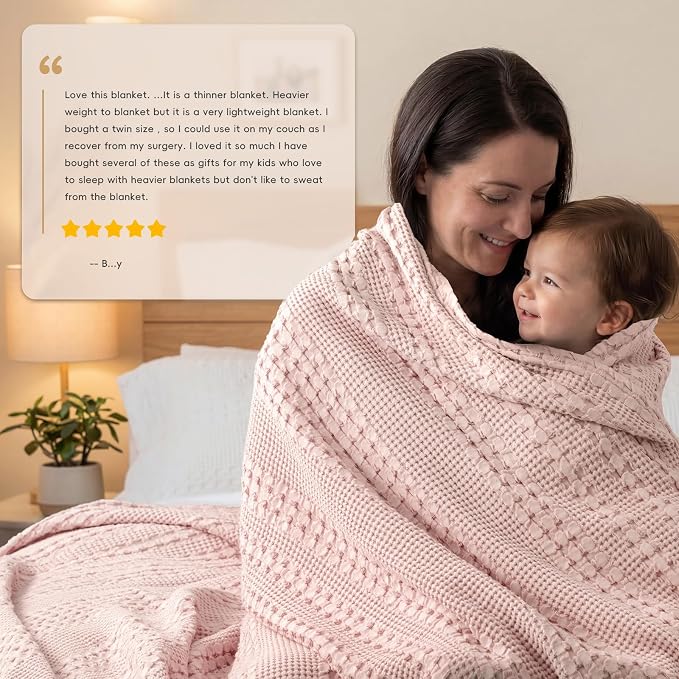 PHF 100% Cotton Waffle Weave Throw Blanket, Lightweight Breathable Summer Blanket for Couch Sofa, Pre-Washed Soft Throws for Bed, Office, Travel & Stylish Home Decor, 50"x60", Pink/Mauve