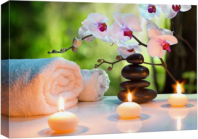 wall26 Canvas Print Wall Art Massage Stones, Candles & Orchid Flowers Floral Botanical Photography Realism Tropical Zen Colorful Multicolor Ultra for Living Room, Bedroom, Office - 12"x18"