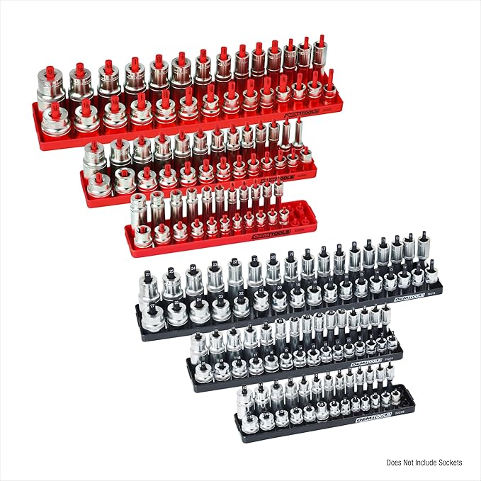 OEMTOOLS 22234 Socket Organizer, 6 Piece Socket Organizers, SAE and Metric, Socket Holders 1/4, 3/8, 1/2 Drive Sockets, Socket Holder for Toolbox, Red and Black