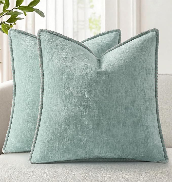 decorUhome Soft Chenille Throw Pillow Covers 26x26 Set of 2 Aqua Haze | Fall Textured Decorative Throw Pillow Cases Stitched Edge Modern Farmhouse Luxury Boho Velvet for Couch Sofa Bed Home Decor