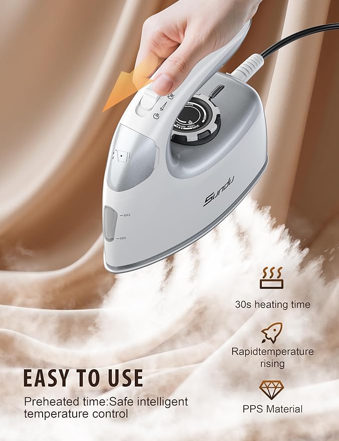 Sundu Mini Travel Iron with Steam,1000W Portable Non-Stick Soleplate Steam Samll Iron for Quilting & Sewing,300 Microsteam Holes,90ml water tank,lockable safety base,Digital Temperature Control-Silver