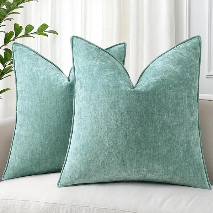 decorUhome Chenille Aqua Haze Velvet Throw Pillow Covers 26x26 Set of 2 | Fall Soft Euro Sham Couch Decorative Modern Farmhouse Pillow Cases with Elegant Design for Sofa Bed Living Room Home Decor