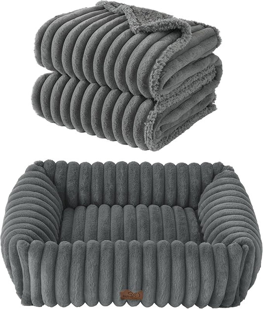Bedsure Cute Dog Bed for Small Medium Dogs 25x21x7inches Waterproof Dog Blankets for Small Dogs 25"x35" Warm Grey