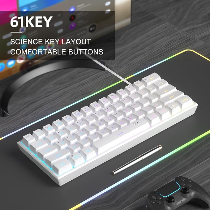 MageGee Mini 60% Gaming Keyboard, Upgrade RGB Backlit 61 Key Ultra-Compact Keyboard, TS91 Ergonomic Waterproof Mechanical Feeling Office Computer Keyboard for PC, MAC, PS4, Xbox ONE Gamer(White)
