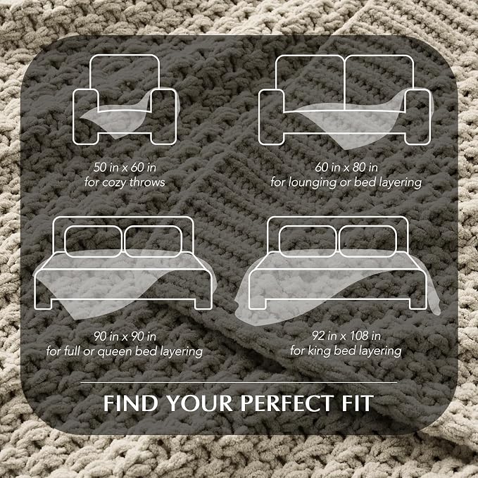 EVERGRACEHOME Chunky Chenille Knit Throw Blanket, 90 x 90, Warm Gray | Sculpted Moss Stitch, Chic Modern Farmhouse, All-Season Warmth, OEKO-TEX® Certified, Oversized Queen for Couch, Bed, Sofa
