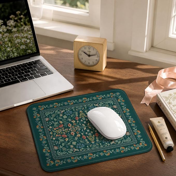 iCasso Aesthetic Small Mouse Pad, 9.5x7.9in,Home Office,Deep Green | Mini Portable Travel Mousepad, Anti-Slip and Comfortable Cloth Mouse Mat with Stitched Edges for Computer, Home