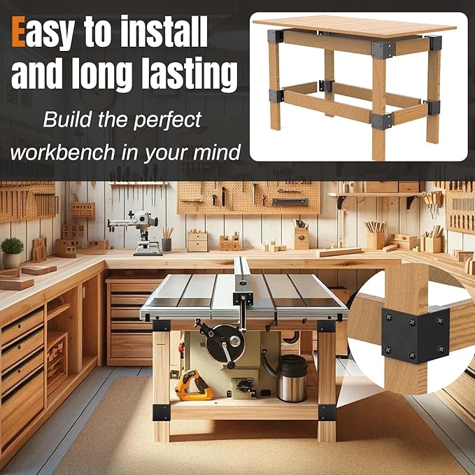 Heavy Duty Workbench Bracket Kit, 8 PCS Workbench Corner Brackets, 3-Way Right Angle Corner for DIY Work Table for 2x4 (Actual 1.5"x3.5") Wood - Black