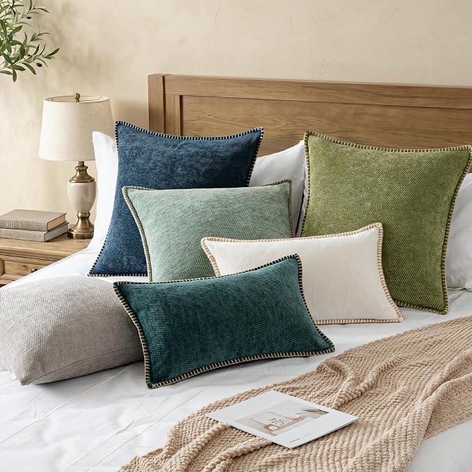 a moment Pack of 2 Decorative Chenille Throw Pillow Covers with Twill Cushion Covers for Sofa Living Room Couch Bed 16x16 Inch,Crafted Border Blue