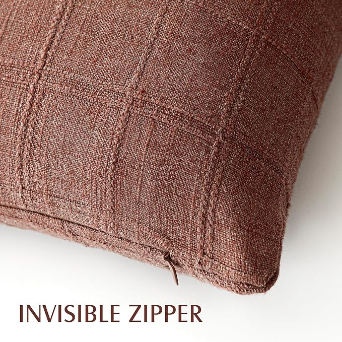 Foindtower Set of 2 Decorative Linen Check Throw Pillow Covers Neutral Farmhouse Vintage Cushion Covers Modern Boho Home Decor for Sofa Chair Couch Bedroom Living Room,22×22 Inch,Autumnal Red