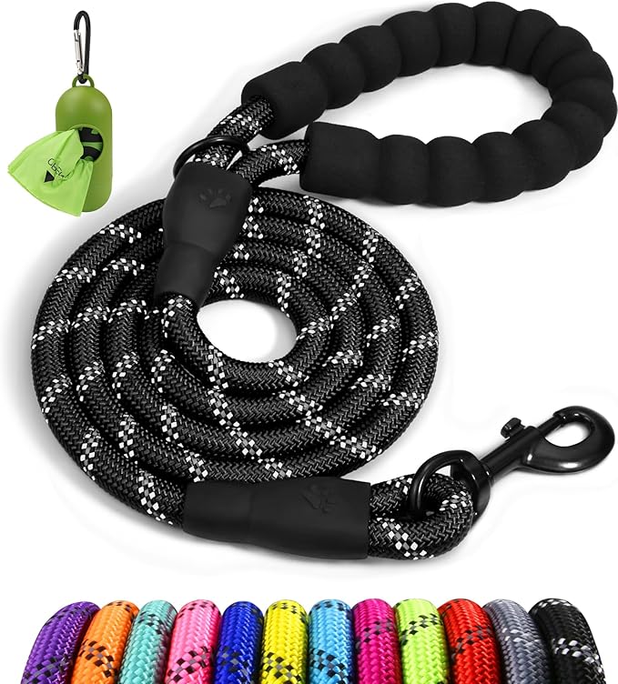 Taglory Rope Dog Leash 5 FT with Comfortable Padded Handle, Highly Reflective Threads Leash and Anti-Tangle Clip for Walking Medium Large Dogs, 1/2 inch, Black