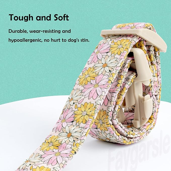 Faygarsle Floral Girl Dog Collar, Cotton Fabric with Daisies Pattern, Pink and Yellow Summer Spring Design for Small Medium Large Dogs XS