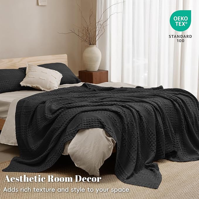 PHF 100% Cotton Waffle Blanket Twin Size, Lightweight Breathable Summer Blanket for Hot Sleepers, Pre-Washed Soft Layer for Bed, Dorm, Couch & Guest Room, Home Decor Gift, 66"x90", Black