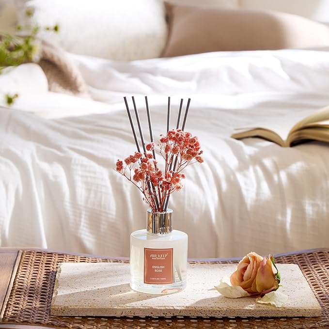 Airkeep Reed Diffuser Set,3.38 fl oz (100 ml) - English Rose Oil Diffusers with 8 Reed Sticks, Home Fragrance Reed Diffuser for Bathroom Shelf Decor