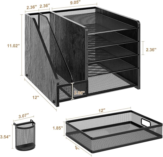 Marbrasse Desk Organizer with File Holder, 5-Tier Paper Letter Tray Organizer with Drawer and 2 Pen Holder, Mesh Desktop Organizer and Storage with Magazine Holder for Office Supplies (Wood-Black)