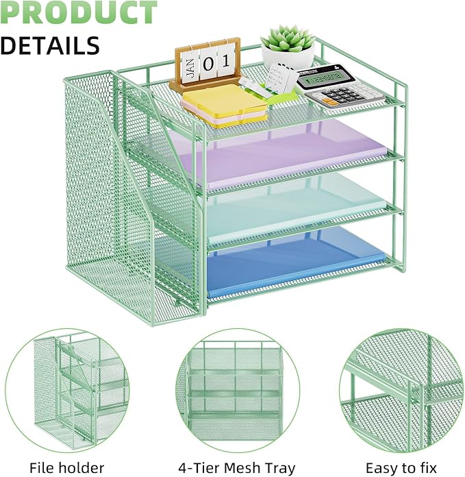 Marbrasse 4-Tier Paper Tray Organizer with File Holder, Green | Sturdy Paper Tray, Built-in File Holder, fits Letters/Docs, Saves Desk Space, for School/Office/Home