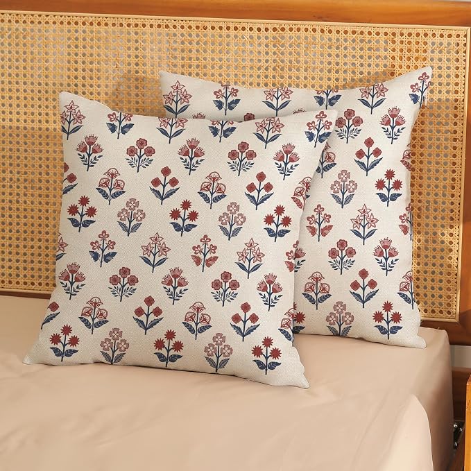 Red Blue Pillow Covers 20x20 Inch Set of 2 Patriotic 4th of July Throw Pillows Vintage Flower Boho Block Print Floral Decorative Pillow Cases Outdoor Linen Cushion Cover for Couch Sofa Decor
