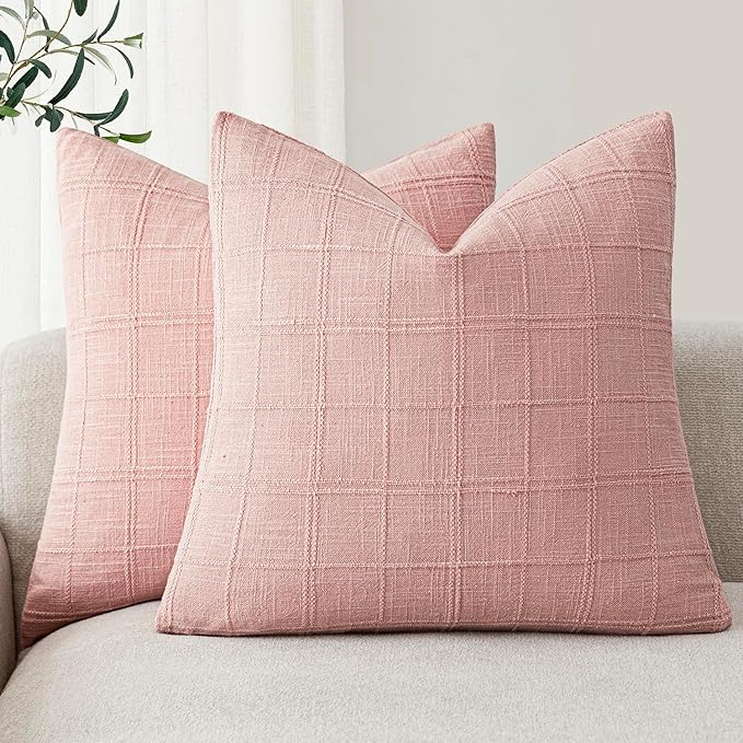 Foindtower Set of 2 Decorative Linen Check Throw Pillow Covers Neutral Farmhouse Vintage Cushion Covers Modern Boho Accent Home Decor for Sofa Chair Couch Bedroom Living Room,18×18 Inch,Light Pink