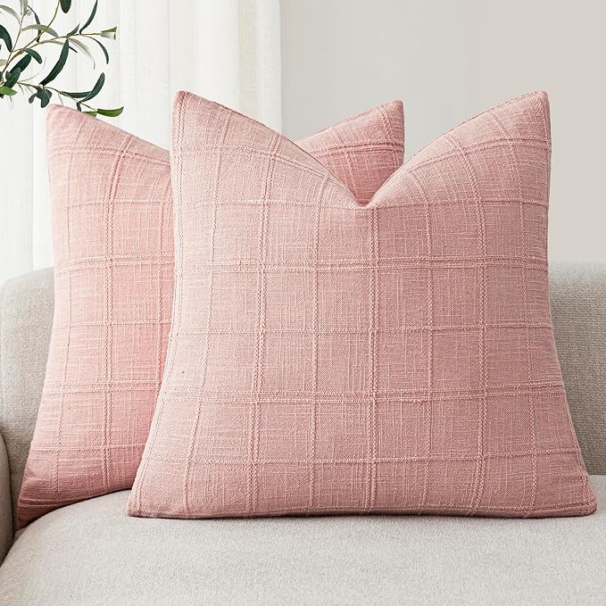 Foindtower Set of 2 Decorative Linen Check Throw Pillow Covers Neutral Farmhouse Vintage Cushion Covers Modern Boho Accent Home Decor for Sofa Chair Couch Bedroom Living Room,22×22 Inch,Light Pink
