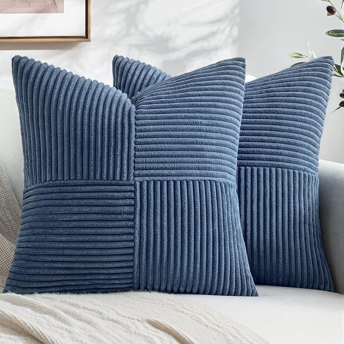 MIULEE Dusty Blue Decorative Throw Pillow Covers for Couch 20x20 Inch | 2 Pack, Boho Farmhouse Pillow Covers, Soft Cross Corduroy Patchwork Textured Cushion Cases For Bed Sofa