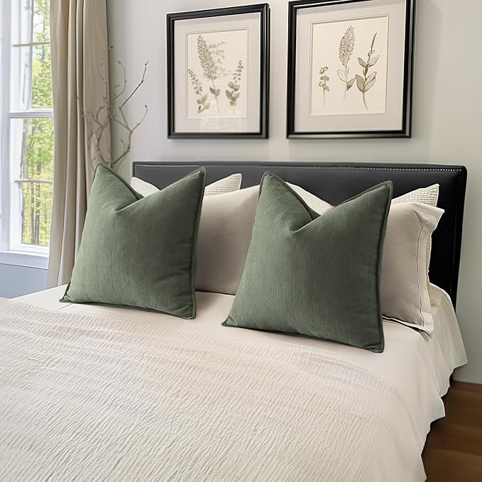 MIULEE Pack of 2 Army Green Euro Shams Chenille Pillow Covers 24x24 Inch | Decorative Soft Couch Throw Pillows,Farmhouse Cushion Covers,Elegant Design for Sofa,Bed,Living Room,Summer Decor