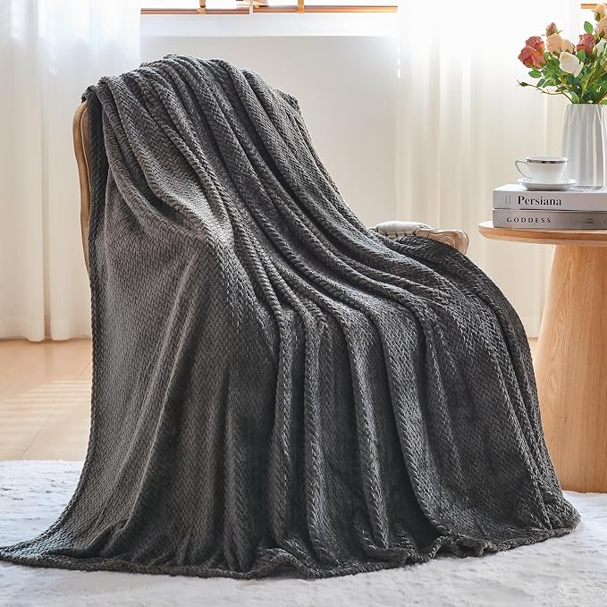 NEWCOSPLAY Fleece Leaves Pattern Queen Blanket, Dark Grey, 90"x90" | Super Soft Throw Blanket, Lightweight Cozy Bed Sofa Blanket, Premium Silky Flannel Fleece, Travel Blanket for All Season Use