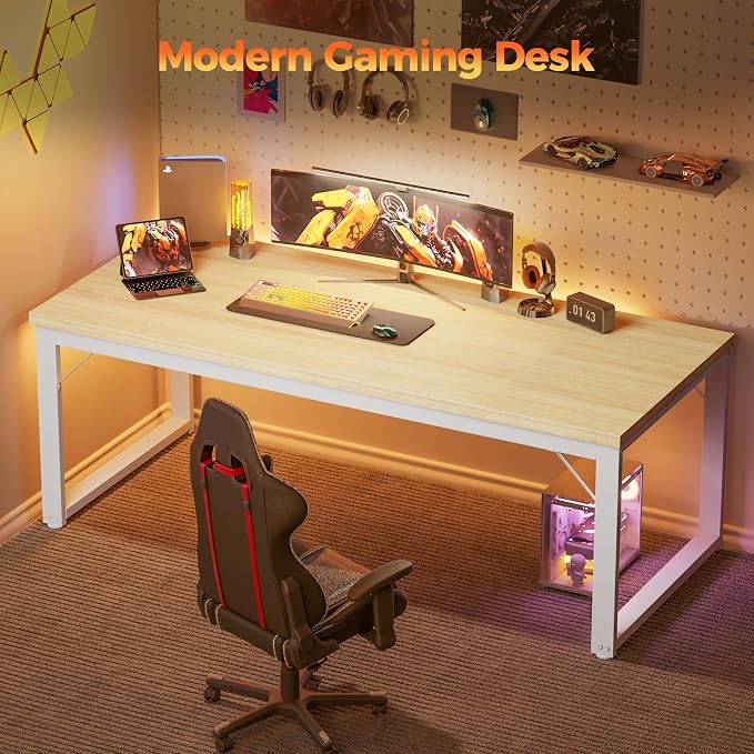 Mericonia 54 Inch Computer Desk, 1" Thick Large Office Table, Oak | Modern Simple Style, Heavy Duty Industrial Frame, Large Study & Writing Table for Home Bedroom Work