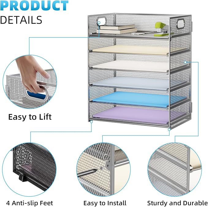 Marbrasse Paper Letter Tray - 6 Tier Mesh File Organizer with Handle, Paper Sorter for Letter/A4 Office File Folder Holder - Silver