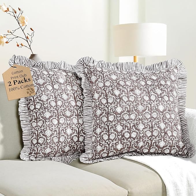 CPC Mocha Regal Hand Block Print 100% Cotton Ruffle Throw Pillow Cover 20x20 inch with Hidden Zipper Decorative for Couch, Bed, Sofa, Farmhouse, Cottagecore Decor Gift Christmas Fall Thanksgiving