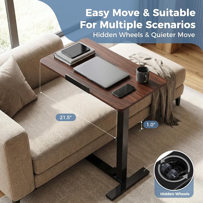 Overbed Table Adjustable Bedside Desk with Wheels Brown | Pneumatic Lift Design Offers Easy Height Adjustment for Bed and Sofa Use