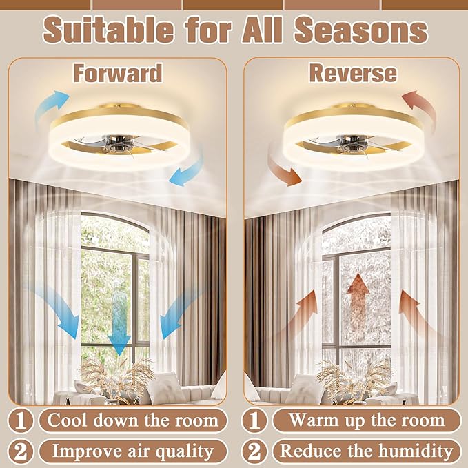 VOLISUN Low Profile Ceiling Fans with Lights and Remote,15.7in Modern Ceiling Fan Flush Mount, 3000K-6500K Dimmable Bladeless LED Fan Light,Gold Fandelier Ceiling Fans with Lights for Bedroom