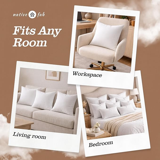Native Fab Decorative Pillow Inserts, Pack of 2, 20x20 Inches, White Polyester, Fluffy Square Cushion Fillers for Sofa, Bed, Chair, Living Room, Premium Plush Home Décor & Back Support