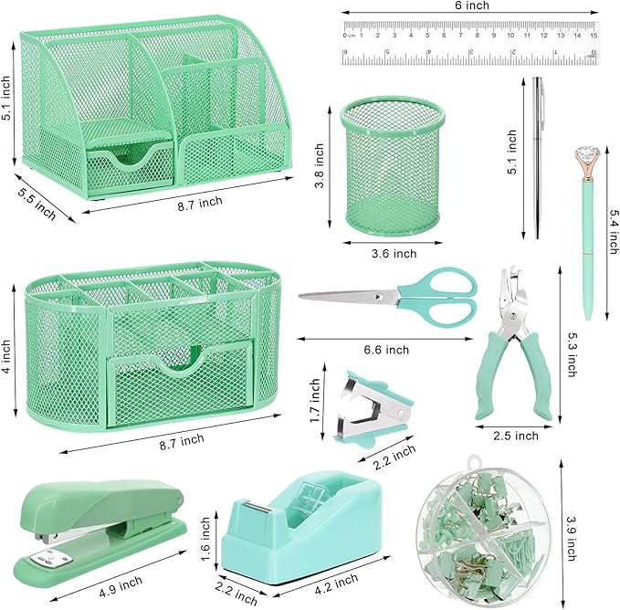 17 in 1 Green Desk Organizers and Accessories Set, 3 Office Desk Supplies Storage Organization, 4 Pens, Stapler, Staples & Remover, Tape & Dispenser, Scissors, Ruler, Clips, Hole Punch, Back to School