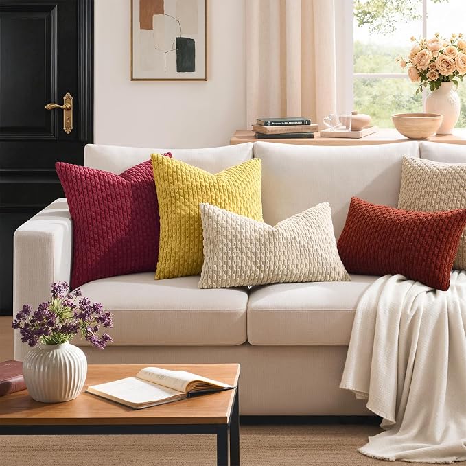Kevin Textile Soft Corduroy 14"x36" Lumbar Pillow Cover 1 Pack, Burnt Brick | Fall Boho Stripe Plush Corduroy Decorative Oblong Cushion Cover Modern Farmhouse Home Decor for Sofa Couch Bed Chair