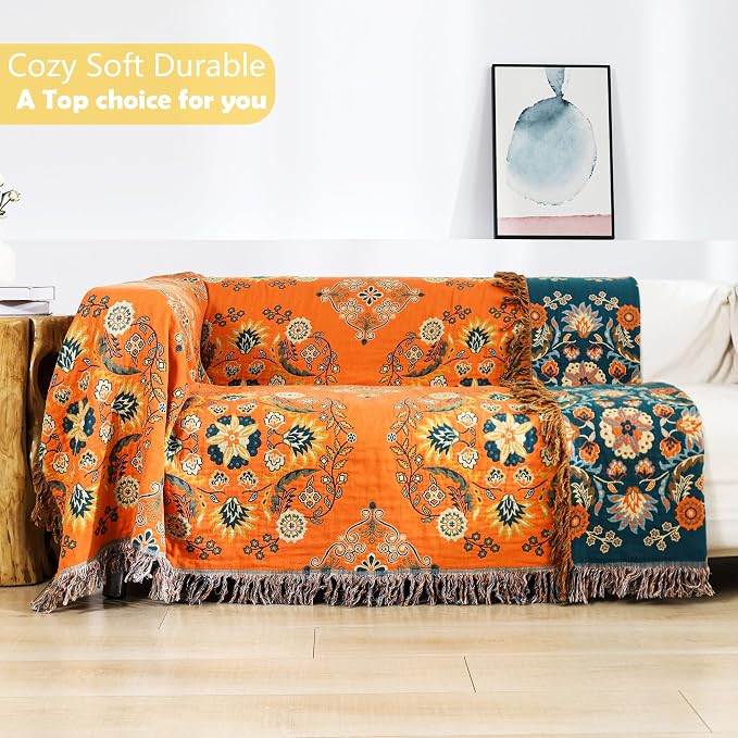 VANJOROY Boho Throw Blanket, 100% Cotton Muslin Breathable Soft Bed Throw - Floral Farmhouse Decor Blanket for Sofa Couch Chair and Gift. 60" x 80"- Orange
