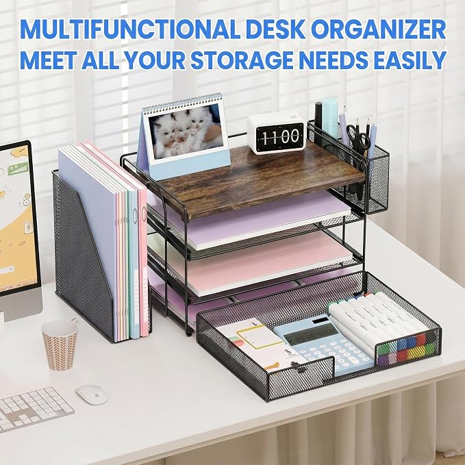 OPNICE Desk Organizers and Accessories, 4-Tier Desktop File Organizer with Drawer and Pen Holders, Office Desk Accessories Workspace Organizers for Office Supplies (Wood)