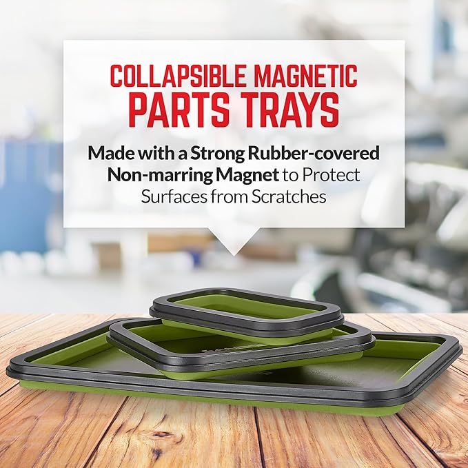 Collapsible Magnetic Parts Tray Set - 3 Different Size Tool Trays for Screw, Bolts, Nuts, Washers, Pins and Other Small Metal Parts, Mechanic Tool Gifts for Men - Olive Green