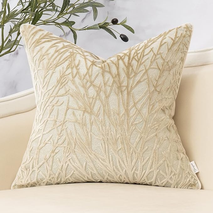 Beige Twigs Throw Pillow Cover Branches Velvet Cushion Case Neutral Pillowcase for Sofa Couch Bedroom Living Room Home Decor,18x18 Inch