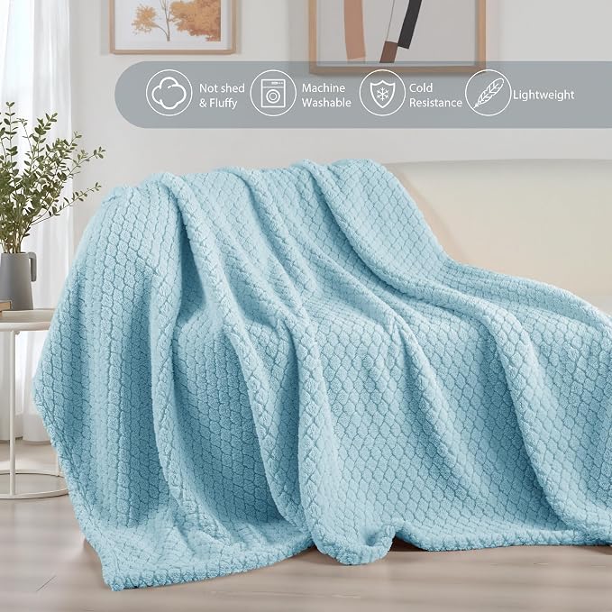 Exclusivo Mezcla Soft Fleece Twin Size Blanket for Bed, Light Blue | Jacquard Lightweight Cozy Bed Blanket, Breathable Decorative Fuzzy Textured All Season Use, 60x80 Inches
