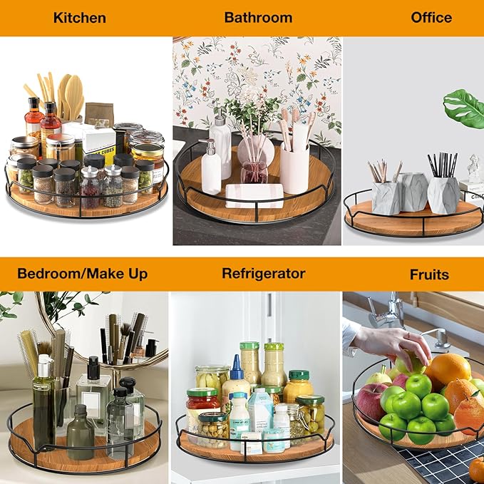 Lazy Susan Turntable Organizer for Cabinet Pantry Kitchen Countertop Refrigerator Cupboard, Pine Wood (Carbonized Black, 14“)